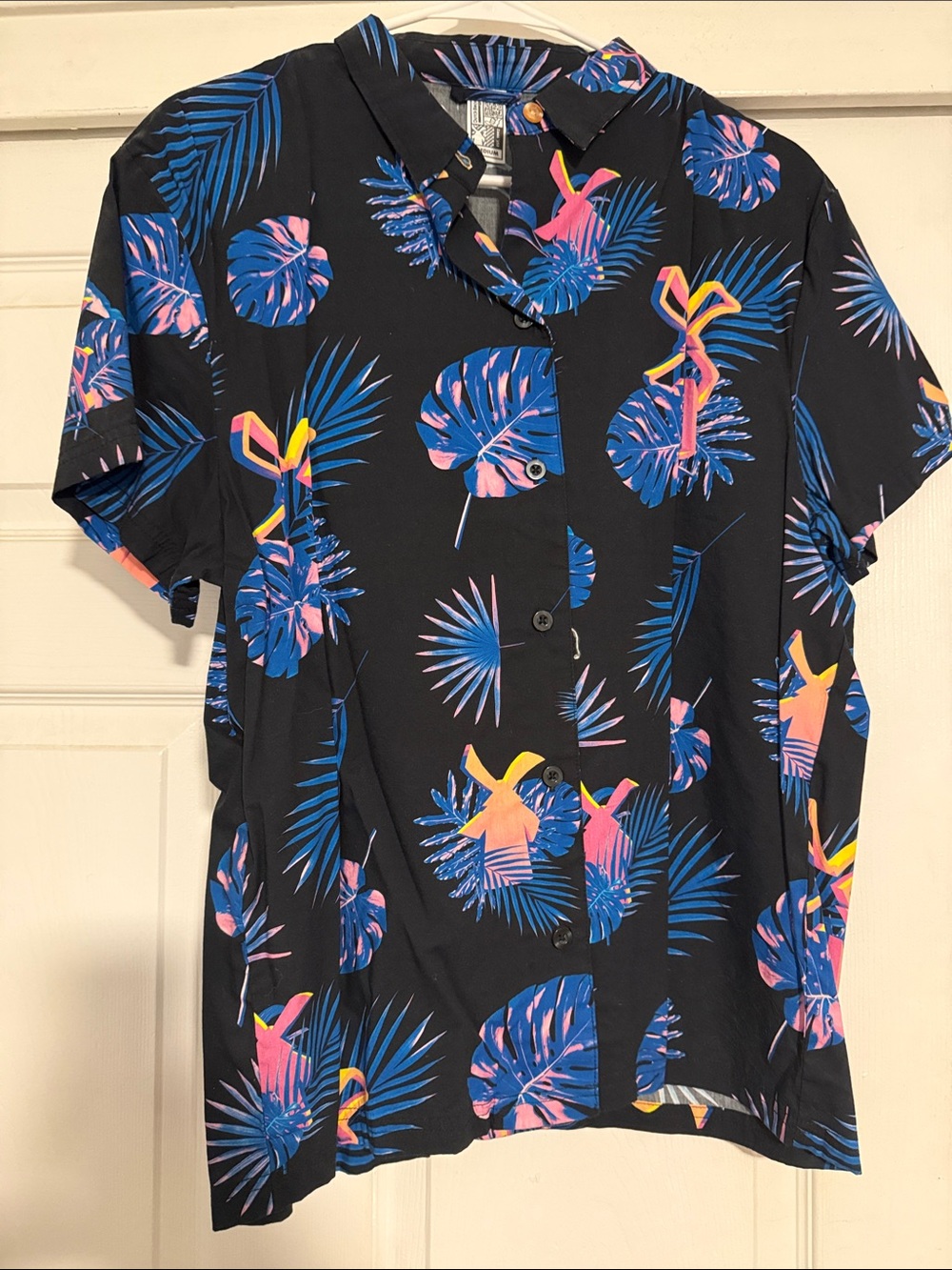 Dutch Bros Coffee Black Tropical Print Short-Sleeve Shirt - Blue & Pink Leaves